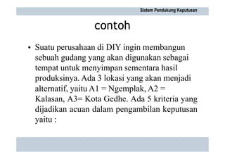 contoh
Suatu perusahaan di DIY ingin membangun
sebuah gudang yang akan digunakan sebagai
tempat untuk menyimpan sementara hasil
produksinya. Ada 3 lokasi yang akan menjadi
•
alternatif, yaitu A1 = Ngemplak, A2 =
Kalasan, A3= Kota Gedhe. Ada 5 kriteria yang
dijadikan acuan dalam pengambilan keputusan
yaitu :
Sistem Pendukung Keputusan
 