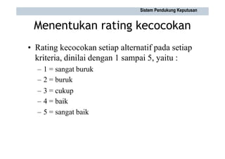 Menentukan rating kecocokan
• Rating kecocokan setiap alternatif pada setiap
kriteria, dinilai dengan 1 sampai 5, yaitu :
–
–
1
2
=
=
sangat buruk
buruk
–
–
–
3
4
5
=
=
=
cukup
baik
sangat baik
Sistem Pendukung Keputusan
 