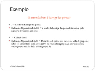 Exemplo
                          O arroz faz bem à barriga das pernas?

     VD = Saúde da barriga das pernas
      Definição Operacional da VD = a saúde da barriga das perna foi medida pelo
       número de varizes, em ratos

     VI = Comer arroz
      Definição Operacional da VI = Durante os 6 primeiros meses de vida, 1 grupo de
       ratos foi alimentado com arroz (50% da sua dieta) (grupo A), enquanto que a
       outro grupo não foi dado arroz (grupo B).




15    Célia Sales - UAL                                                         Mar-10
 