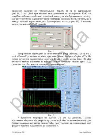 однаковий масштаб по горизонтальній (рис. 10, 1) та по вертикальній
 (рис. 10, 2) осі. Далі при відстані між динаміком та мікрофоном 30-40 см
 потрібно добитися приблизно однакової амплітуди відображуваного сигналу.
 Для цього потрібно зменшити у вікні генератора коливань рівень сигналу, що з
 виходу звукової карти надходить безпосередньо на вхід (рис. 11). В нашому
 випадку це канал В (Ch B, правий).




                                                 a
                                      .u
                                    Рис. 11
       Тепер можна переходити до спостереження фігур Ліссажу. Для цього у
 полі «Channel(s)» головного вікна програми Visual Analyser оберіть «XY». На
                      ho
 екрані емулятора осцилографа з’явиться фігура у формі еліпса (рис. 12). Для
 зручності можна змінювати її розміри зміною масштабу «Zoom» (рис. 10, 2)
 (значення для обох каналів повинні бути однаковими).
             b.
  la
pc



                                    Рис. 12
       7. Встановіть мікрофон на відстані 3-5 см від динаміка. Плавно
 відсуваючи мікрофон від джерела звуку спостерігайте за зміною форми фігури
 Ліссажу на екрані емулятора осцилографа. При утворенні на екрані прямої лінії
 фіксуйте відстань від динаміка до мікрофона ri .

 © Я.Ю. Дима, 2011                                                http://pclab.ho.ua
 