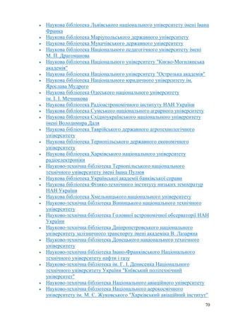 70
Наукова бібліотека Львівського національного університету імені Івана
Франка
Наукова бібліотека Маріупольського державного університету
Наукова бібліотека Мукачівського державного університету
Наукова бібліотека Національного педагогічного університету імені
М. П. Драгоманова
Наукова бібліотека Національного університету "Києво-Могилянська
академія"
Наукова бібліотека Національного університету "Острозька академія"
Наукова бібліотека Національного юридичного університету ім.
Ярослава Мудрого
Наукова бібліотека Одеського національного університету
ім. І. І. Мечникова
Наукова бібліотека Радіоастрономічного інституту НАН України
Наукова бібліотека Сумського національного аграрного університету
Наукова бібліотека Східноукраїнського національного університету
імені Володимира Даля
Наукова бібліотека Таврійського державного агротехнологічного
університету
Наукова бібліотека Тернопільського державного економічного
університету
Наукова бібліотека Харківського національного університету
радіоелектроніки
Науково-технічна бібліотека Тернопільського національного
технічного університету імені Івана Пулюя
Наукова бібліотека Української академії банківської справи
Наукова бібліотека Фізико-технічного інституту низьких температур
НАН України
Наукова бібліотека Хмельницького національного університету
Науково-технічна бібліотека Вінницького національного технічного
університету
Науково-технічна бібліотека Головної астрономічної обсерваторії НАН
України
Науково-технічна бібліотека Дніпропетровського національного
університету залізничного транспорту імені академіка В. Лазаряна
Науково-технічна бібліотека Донецького національного технічного
університету
Науково-технічна бібліотека Івано-Франківського Національного
технічного університету нафти і газу
Науково-технічна бібліотека ім. Г. І. Денисенка Національного
технічного університету України "Київський політехнічний
університет"
Науково-технічна бібліотека Національного авіаційного університету
Науково-технічна бібліотека Національного аерокосмічного
університету ім. М. Є. Жуковського "Харківський авіаційний інститут"
 