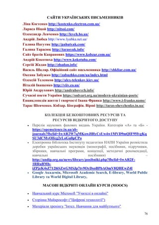 76
САЙТИ УКРАЇНСЬКИХ ПИСЬМЕННИКІВ
Ліна Костенко http://kostenko.electron.com.ua/
Лариса Ніцой http://nitsoi.com/
Олександр Левченко http://levch.ho.ua/
Андрій Любка http://www.lyubka.net.ua/
Галина Пагутяк http://pahutyak.com/
Галина Тарасюк http://tarasyuk.info/
Сайт братів Капранових https://www.kobzar.com.ua/
Андрій Кокотюха http://www.kokotuha.com/
Сергій Жадан http://zhadan.info/
Василь Шкляр. Офіційний сайт письменника http://shkliar.com.ua/
Оксана Забужко http://zabuzhko.com/ua/index.html
Олексій Теленков http://alex-telenkov.kiev.ua/
Віталій Іващенко http://viiv.co.ua/
Юрій Андрухович http://andruhovych.info/
Сучасні поети України https://onlyart.org.ua/modern-ukrainian-poets/
Енциклопедія життя і творчості Івана Франка http://www.i-franko.name/
Тарас Шевченко. Кобзар. Біографія. Вірші http://taras-shevchenko.in.ua/
КОЛЕКЦІЯ БЕЗКОШТОВНИХ РЕСУРСІВ ТА
РЕСУРСІВ ВІДКРИТОГО ДОСТУПУ
Перелік наукових фахових видань України. Категорія «А» та «Б» -
https://openscience.in.ua/ab-
journals?fbclid=IwAR2W7qMKowJlHyCsUw4w1MVD9mQIF95fvgKq
SU3dCMyOlIcg2rLoGu0pCPo
Електронна бібліотека Інституту педагогіки НАПН України розмістила
доробки українських науковців (монографії, посібники, підручники,
збірники, навчальні програми, концепції, методичні рекомендації,
навчальні посібники) –
http://undip.org.ua/news/library/posibniki.php?fbclid=IwAR2F-
1RRuBMh-
iZPjeK4sZ712l6SZwGMSJp7tv9OyDsoBPbAOmV8QHEwZ4I
Google Академія, Microsoft Academic Search, E-library, World Public
Library та World Digital Library,
МАСОВІ ВІДКРИТІ ОНЛАЙН КУРСИ (МООСS)
Навчальний курс Microsoft "Учителі в онлайні"
Сторінка Майкрософт ("Цифрові технології")
Матеріали тренінгу "Інтел. Навчання для майбутнього"
 