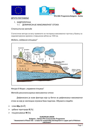 IPA CBC Programme Bulgaria - Serbia
  ДРУГО ПОГЛАВЉЕ

     1. ХИДРОЛОГИЈА
        1.1. ДЕФИНИСАНЈЕ МАКСИМАЛНОГ ОТОКА

  Статистичке методе

  Статистичке методе се могу применити за тестирање максималног протока у базену са
  хидрометријском мрежом и површином већом од 1000 км.

  Модели „падавине-отицање"




  Фигура 6 Модел „падавине-отицање”

  Метода регионализирања максималног отока

         Дефинисано је осам фактора који су битни за дефинисање максималног
  отока за које је неопходна огромна база података. Обухвата следеће:

 ·слив AEo [km2]
 ·урбана територија S [%]
 ·пошумљавање W [%]

                                       EUROPEAN UNION
                        Bulgaria – Serbia IPA Cross-border Programme
     “Assessment of flood risk – a base for sustainable development in upper part of Nishava
                                           catchment”
                                                                                        Page 7
 