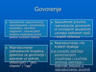 Govorenje
 Reproduciranje vrlo
kratkih dijaloga
p.p.usvajati sadržaje
povezivanjem
vizualnoga i zvučnog
jezičnog sadržaja i
tolerirati teškoće u
reproduciranju zvučnih
 Sposobnost raspoznavanja,
razumijevanja i ponavljanja
fonoloških, ritmičkih,
naglasnih i intonacijskih
osobina engleskog jezika
prema zvučnom uzorku
 Sposobnost pravilne
reprodukcije govorenih
ili snimljenih akustičnih
uzoraka izoliranih riječi
i kraćih rečenica
 Reproduciranje
jednostavnih brojalica,
pjesmica za govorenje i
pjevanje uz pokret,
uključujući i “jazz
chants” i “rap”
 