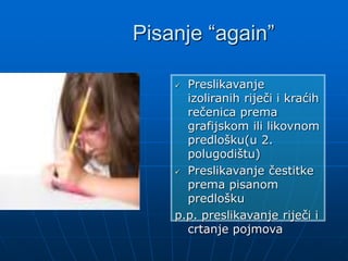 Pisanje “again”
 Preslikavanje
izoliranih riječi i kraćih
rečenica prema
grafijskom ili likovnom
predlošku(u 2.
polugodištu)
 Preslikavanje čestitke
prema pisanom
predlošku
p.p. preslikavanje riječi i
crtanje pojmova
 
