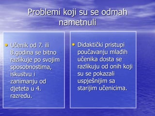 Problemi koji su se odmah
nametnuli
• Učenik od 7. ili
8.godina se bitno
razlikuje po svojim
sposobnostima,
iskustvu i
zanimanju od
djeteta u 4.
razredu.
• Didaktički pristupi
poučavanju mlađih
učenika dosta se
razlikuju od onih koji
su se pokazali
uspješnijim sa
starijim učenicima.
 