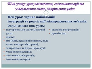 Тип уроку: урок повторення, систематизації та
узагальнення знань, закріплення умінь
Цей урок сприяє найбільшій
інтеграції та реалізації міжпредметних зв'язків.
Форми даного типу уроку:
 повторювально-узагальнюючий







 оглядова конференція;

урок;
 урок-бесіда.
диспут;
гра (КВН, щасливий випадок, поле
чудес, конкурс, вікторина);
театралізований урок (урок-суд);
урок-вдосконалення;
заключна конференція;
заключна екскурсія;

 