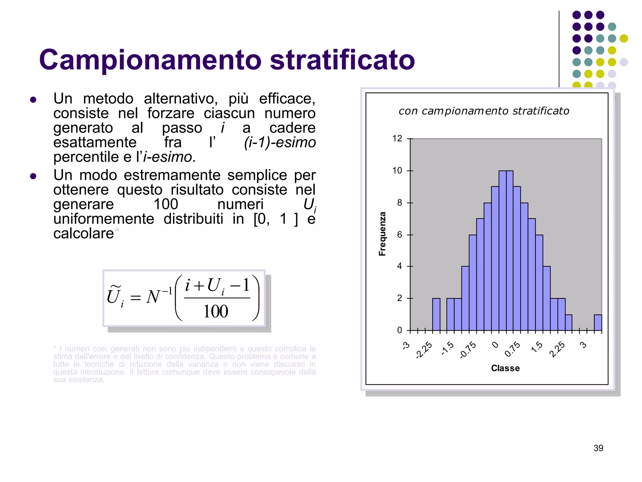 39
Campionamento stratificato
 Un metodo alternativo, più efficace,
consiste nel forzare ciascun numero
generato al passo i a cadere
esattamente fra l’ (i-1)-esimo
percentile e l’i-esimo.
 Un modo estremamente semplice per
ottenere questo risultato consiste nel
generare 100 numeri Ui
uniformemente distribuiti in [0, 1 ] e
calcolare*
* I numeri così generati non sono più indipendenti e questo complica la
stima dell’errore e del livello di confidenza. Questo problema è comune a
tutte le tecniche di riduzione della varianza e non viene discusso in
questa introduzione. Il lettore comunque deve essere consapevole della
sua esistenza.





 
 
100
1~ 1 i
i
Ui
NU
con campionamento stratificato
0
2
4
6
8
10
12
-3
-2.25
-1.5
-0.75
0
0.75
1.5
2.25
3
Classe
Frequenza
 