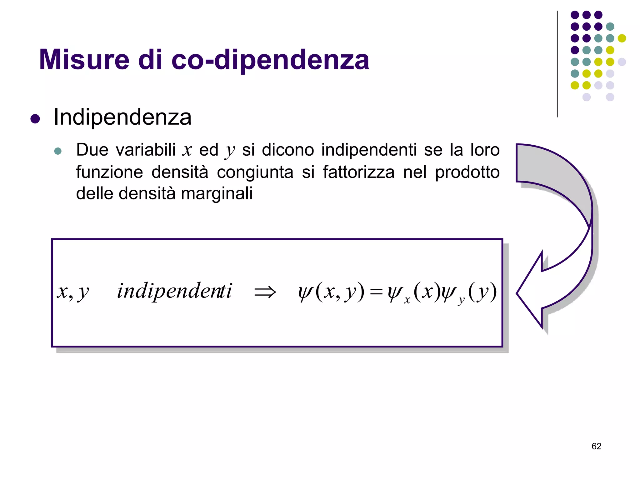 62
Misure di co-dipendenza
 Indipendenza
 Due variabili x ed y si dicono indipendenti se la loro
funzione densità congiunta si fattorizza nel prodotto
delle densità marginali
)()(),(, yxyxtiindipendenyx yx  
 