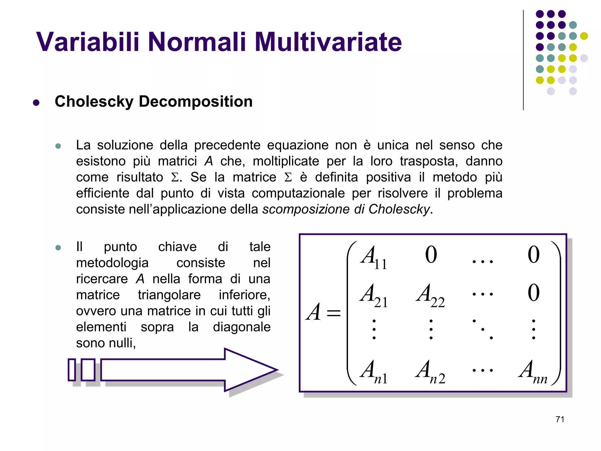 71
 Cholescky Decomposition
 La soluzione della precedente equazione non è unica nel senso che
esistono più matrici A che, moltiplicate per la loro trasposta, danno
come risultato . Se la matrice  è definita positiva il metodo più
efficiente dal punto di vista computazionale per risolvere il problema
consiste nell’applicazione della scomposizione di Cholescky.















nnnn AAA
AA
A
A




21
2221
11
0
00
Variabili Normali Multivariate
 Il punto chiave di tale
metodologia consiste nel
ricercare A nella forma di una
matrice triangolare inferiore,
ovvero una matrice in cui tutti gli
elementi sopra la diagonale
sono nulli,
 