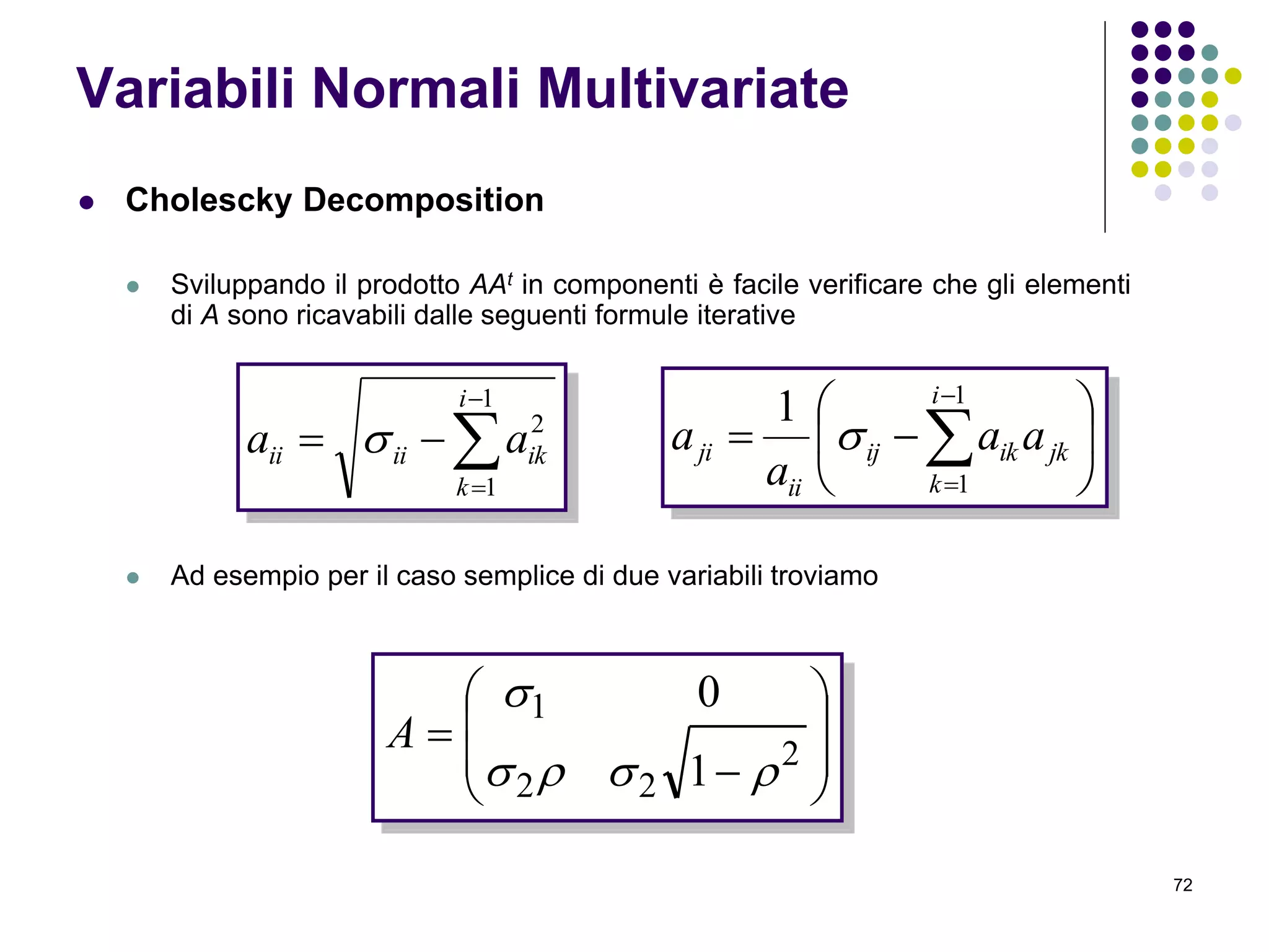 72
 Cholescky Decomposition
 Sviluppando il prodotto AAt in componenti è facile verificare che gli elementi
di A sono ricavabili dalle seguenti formule iterative
 Ad esempio per il caso semplice di due variabili troviamo




1
1
2
i
k
ikiiii aa  





 


1
1
1 i
k
jkikij
ii
ji aa
a
a 









 2
22
1
1
0


A
Variabili Normali Multivariate
 