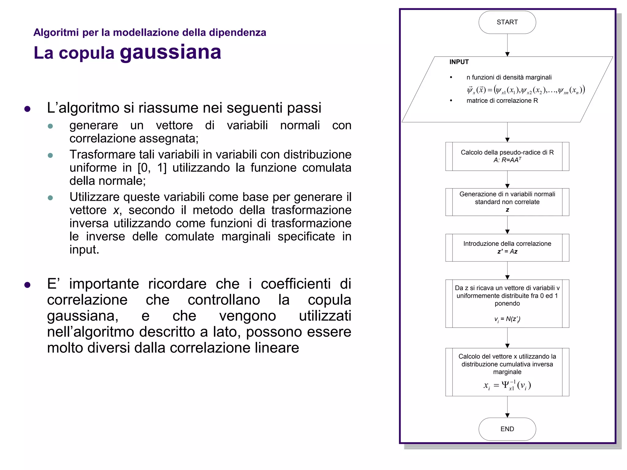 80
Algoritmi per la modellazione della dipendenza
La copula gaussiana
Calcolo della pseudo-radice di R
A: R=AAT
INPUT
 n funzioni di densità marginali
 matrice di correlazione R
 )(,),(),()( 2211 nxnxxx xxxx  


Generazione di n variabili normali
standard non correlate
z
Da z si ricava un vettore di variabili v
uniformemente distribuite fra 0 ed 1
ponendo
vi = N(z’i)
Introduzione della correlazione
z’ = Az
Calcolo del vettore x utilizzando la
distribuzione cumulativa inversa
marginale
)(1
1 ixi vx 

END
START
 L’algoritmo si riassume nei seguenti passi
 generare un vettore di variabili normali con
correlazione assegnata;
 Trasformare tali variabili in variabili con distribuzione
uniforme in [0, 1] utilizzando la funzione comulata
della normale;
 Utilizzare queste variabili come base per generare il
vettore x, secondo il metodo della trasformazione
inversa utilizzando come funzioni di trasformazione
le inverse delle comulate marginali specificate in
input.
 E’ importante ricordare che i coefficienti di
correlazione che controllano la copula
gaussiana, e che vengono utilizzati
nell’algoritmo descritto a lato, possono essere
molto diversi dalla correlazione lineare
 