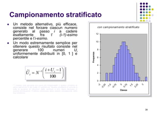 39
Campionamento stratificato
 Un metodo alternativo, più efficace,
consiste nel forzare ciascun numero
generato al passo i a cadere
esattamente fra l’ (i-1)-esimo
percentile e l’i-esimo.
 Un modo estremamente semplice per
ottenere questo risultato consiste nel
generare 100 numeri Ui
uniformemente distribuiti in [0, 1 ] e
calcolare*
* I numeri così generati non sono più indipendenti e questo complica la
stima dell’errore e del livello di confidenza. Questo problema è comune a
tutte le tecniche di riduzione della varianza e non viene discusso in
questa introduzione. Il lettore comunque deve essere consapevole della
sua esistenza.





 
 
100
1~ 1 i
i
Ui
NU
con campionamento stratificato
0
2
4
6
8
10
12
-3
-2.25
-1.5
-0.75
0
0.75
1.5
2.25
3
Classe
Frequenza
 
