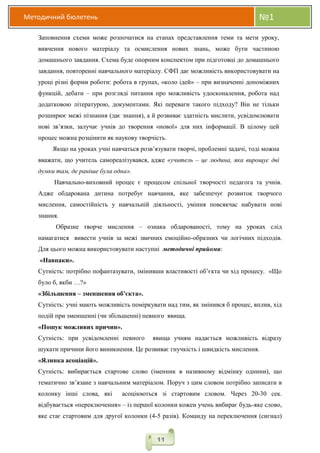 Методичний бюлетень №1
11
Заповнення схеми може розпочатися на етапах представлення теми та мети уроку,
вивчення нового матеріалу та осмислення нових знань, може бути частиною
домашнього завдання. Схема буде опорним конспектом при підготовці до домашнього
завдання, повторенні навчального матеріалу. СФП дає можливість використовувати на
уроці різні форми роботи: робота в групах, «коло ідей» – при визначенні допоміжних
функцій, дебати – при розгляді питання про можливість удосконалення, робота над
додатковою літературою, документами. Які переваги такого підходу? Він не тільки
розширює межі пізнання (дає знання), а й розвиває здатність мислити, усвідомлювати
нові зв’язки, залучає учнів до творення «нової» для них інформації. В цілому цей
процес можна розцінити як наукову творчість.
Якщо на уроках учні навчаться розв’язувати творчі, проблемні задачі, тоді можна
вважати, що учитель самореалізувався, адже «учитель – це людина, яка вирощує дві
думки там, де раніше була одна».
Навчально-виховний процес є процесом спільної творчості педагога та учнів.
Адже обдарована дитина потребує навчання, яке забезпечує розвиток творчого
мислення, самостійність у навчальній діяльності, уміння повсякчас набувати нові
знання.
Образне творче мислення – ознака обдарованості, тому на уроках слід
намагатися вивести учнів за межі звичних емоційно-образних чи логічних підходів.
Для цього можна використовувати наступні методичні прийоми:
«Навпаки».
Сутність: потрібно пофантазувати, змінивши властивості об’єкта чи хід процесу. «Що
було б, якби …?»
«Збільшення – зменшення об’єкта».
Сутність: учні мають можливість поміркувати над тим, як змінився б процес, вплив, хід
подій при зменшенні (чи збільшенні) певного явища.
«Пошук можливих причин».
Сутність: при усвідомленні певного явища учням надається можливість відразу
шукати причини його виникнення. Це розвиває гнучкість і швидкість мислення.
«Ялинка асоціацій».
Сутність: вибирається стартове слово (іменник в називному відмінку однини), що
тематично зв’язане з навчальним матеріалом. Поруч з цим словом потрібно записати в
колонку інші слова, які асоціюються зі стартовим словом. Через 20-30 сек.
відбувається «переключення» – із першої колонки кожен учень вибирає будь-яке слово,
яке стає стартовим для другої колонки (4-5 разів). Команду на переключення (сигнал)
 