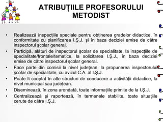 ATRIBUŢIILE PROFESORULUI METODIST Realizează inspecţiile speciale pentru obţinerea gradelor didactice, în conformitate cu planificarea I. Ş .J. şi în baza deciziei emise de către inspectorul şcolar general.  Participă, alături de inspectorul şcolar de specialitate, la inspecţiile de specialitate/frontale/tematice, la solicitarea I. Ş .J., în baza deciziei emise de către inspectorul şcolar general.  Face parte din comisii la nivel judeţean, la propunerea inspectorului şcolar de specialitate, cu avizul C.A. al I. Ş .J.  Poate fi cooptat în alte structuri de conducere a activităţii didactice, la nivel municipal sau judeţean.  Diseminează, în zona arondată, toate informaţiile primite de la I. Ş .J.  Centralizează şi raportează, în termenele stabilite, toate situaţiile cerute de către I. Ş .J.  