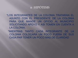    HIPÓTESIS

*LOS INTEGRANTES DE LA COLONIA TRATARAN EL
  ASUNTO CON EL PRESIDENTE DE LA COLONIA
  PARA QUE MANDE UN OFICIO AL MUNICIPIO
  SOLICITANDO APOYO Y ASI TOMEN EN CUENTA A
  LA COLONIA.
 *MIENTRAS TANTO CADA INTEGRANTE DE LA
  COLONIA COLOCARA UN FOCO FUERA DE SUS
  CASA PAR TENER UN POCO MAS DE CLARIDAD
 