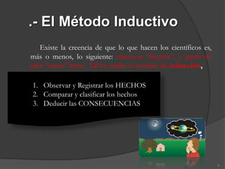 .- El Método Inductivo
    Existe la creencia de que lo que hacen los científicos es,
más o menos, lo siguiente: observan “hechos”, y partir de
ellos “sacan” leyes. Tal ley recibe el nombre de inducción,

1. Observar y Registrar los HECHOS
2. Comparar y clasificar los hechos
3. Deducir las CONSECUENCIAS




                                                                 5
 