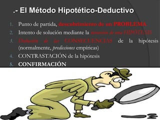 .- El Método Hipotético-Deductivo
1. Punto de partida, descubrimiento de un PROBLEMA
2. Intento de solución mediante la invención de una HIPÓTESIS
3. Deducciónde las CONSECUENCIAS de la hipótesis
   (normalmente, predicciones empíricas)
4. CONTRASTACIÓN de la hipótesis
5. CONFIRMACIÓN




                                                                6
 