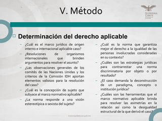 V. Método
– ¿Cuál es la norma que garantiza
mejor el derecho a la igualdad de las
personas involucradas consideradas
en su contexto?
– ¿Cuáles son las estrategias jurídicas
para contrarrestar una norma
discriminatoria por objeto o por
resultado?
– ¿El caso demanda la deconstrucción
de un paradigma, concepto o
institución jurídica?
– ¿Cuáles son las herramientas que el
marco normativo aplicable brinda
para resolver las asimetrías en la
relación así como la desigualdad
estructural de la que derivó el caso?
 Determinación del derecho aplicable
– ¿Cuál es el marco jurídico de origen
interno e internacional aplicable caso?
– ¿Resoluciones de organismos
internacionales que brinden
argumentos para resolver el asunto?
– ¿Las observaciones generales de los
comités de las Naciones Unidas y los
criterios de la Comisión IDH aportan
elementos valiosos para la resolución
del caso?
– ¿Cuál es la concepción de sujeto que
subyace al marco normativo aplicable?
– ¿La norma responde a una visión
estereotípica o sexista del sujeto?
 