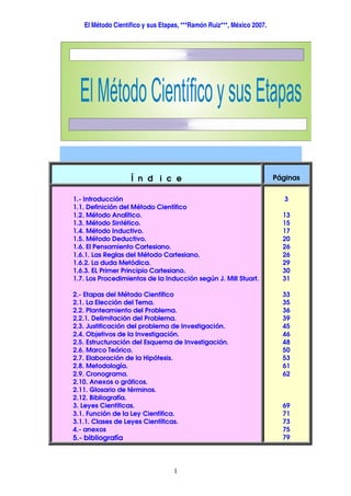 El Método Científico y sus Etapas, ***Ramón Ruiz***, México 2007.




                   Í n d i c e                                         Páginas


1.- Introducción                                                          3
1.1. Definición del Método Científico
1.2. Método Analítico.                                                   13
1.3. Método Sintético.                                                   15
1.4. Método Inductivo.                                                   17
1.5. Método Deductivo.                                                   20
1.6. El Pensamiento Cartesiano.                                          26
1.6.1. Las Reglas del Método Cartesiano.                                 26
1.6.2. La duda Metódica.                                                 29
1.6.3. EL Primer Principio Cartesiano.                                   30
1.7. Los Procedimientos de la Inducción según J. Mill Stuart.            31

2.- Etapas del Método Científico                                         33
2.1. La Elección del Tema.                                               35
2.2. Planteamiento del Problema.                                         36
2.2.1. Delimitación del Problema.                                        39
2.3. Justificación del problema de Investigación.                        45
2.4. Objetivos de la Investigación.                                      46
2.5. Estructuración del Esquema de Investigación.                        48
2.6. Marco Teórico.                                                      50
2.7. Elaboración de la Hipótesis.                                        53
2.8. Metodología.                                                        61
2.9. Cronograma.                                                         62
2.10. Anexos o gráficos.
2.11. Glosario de términos.
2.12. Bibliografía.
3. Leyes Científicas.                                                    69
3.1. Función de la Ley Científica.                                       71
3.1.1. Clases de Leyes Científicas.                                      73
4.- anexos                                                               75
5.- bibliografía                                                         79




                                  1
 