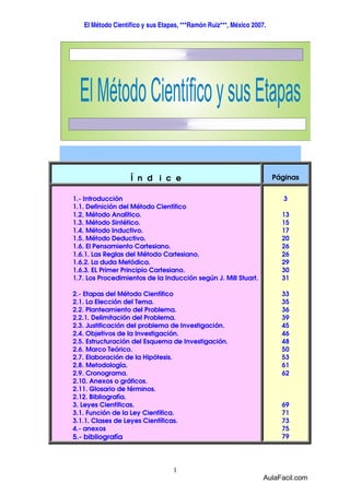 El Método Científico y sus Etapas, ***Ramón Ruiz***, México 2007.




                   Í n d i c e                                         Páginas


1.- Introducción                                                          3
1.1. Definición del Método Científico
1.2. Método Analítico.                                                   13
1.3. Método Sintético.                                                   15
1.4. Método Inductivo.                                                   17
1.5. Método Deductivo.                                                   20
1.6. El Pensamiento Cartesiano.                                          26
1.6.1. Las Reglas del Método Cartesiano.                                 26
1.6.2. La duda Metódica.                                                 29
1.6.3. EL Primer Principio Cartesiano.                                   30
1.7. Los Procedimientos de la Inducción según J. Mill Stuart.            31

2.- Etapas del Método Científico                                         33
2.1. La Elección del Tema.                                               35
2.2. Planteamiento del Problema.                                         36
2.2.1. Delimitación del Problema.                                        39
2.3. Justificación del problema de Investigación.                        45
2.4. Objetivos de la Investigación.                                      46
2.5. Estructuración del Esquema de Investigación.                        48
2.6. Marco Teórico.                                                      50
2.7. Elaboración de la Hipótesis.                                        53
2.8. Metodología.                                                        61
2.9. Cronograma.                                                         62
2.10. Anexos o gráficos.
2.11. Glosario de términos.
2.12. Bibliografía.
3. Leyes Científicas.                                                    69
3.1. Función de la Ley Científica.                                       71
3.1.1. Clases de Leyes Científicas.                                      73
4.- anexos                                                               75
5.- bibliografía                                                         79




                                  1
                                                                   AulaFacil.com
 
