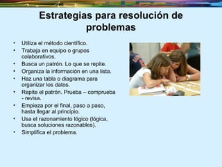 Estrategias para resolución de problemas Utiliza el método científico. Trabaja en equipo o grupos colaborativos. Busca un patrón. Lo que se repite. Organiza la información en una lista. Haz una tabla o diagrama para organizar los datos. Repite el patrón. Prueba – comprueba - revisa. Empieza por el final, paso a paso, hasta llegar al principio. Usa el razonamiento lógico (lógica, busca soluciones razonables). Simplifica el problema. 