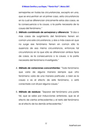 El Método Científico y sus Etapas, ***Ramón Ruiz***, México 2007. 
semejantes en todas las circunstancias, excepto en una, 
que se encuentran en el primer caso, esta circunstancia 
en la cual se diferencian únicamente estos dos casos, es 
la consecuencia o la causa, o la parte necesaria de la 
causa del fenómeno.” 
3. Método combinado de semejanza y diferencia: “Si dos o 
mas casos de surgimiento del fenómeno tienen en 
común una sola circunstancia, y dos o más casos en que 
no surge ese fenómeno tienen en común sólo la 
ausencia de esa misma circunstancia, entonces tal 
circunstancia en la que sólo se diferencian ambos tipos 
de casos, es la consecuencia o la causa, o la parte 
necesaria del fenómeno investigado.” 
4. Método de variaciones concomitantes: “Todo fenómeno 
que varia de alguna manera siempre que otro 
fenómeno varia de una manera particular, o bien es la 
causa o es el efecto de este fenómeno, o está 
conectado con él por alguna causa.” 
5. Método de residuos: “Separar del fenómeno una parte 
tal, que se sabe por inducciones anteriores, que es el 
efecto de ciertos antecedentes y el resto del fenómeno 
es el efecto de los demás antecedentes.” 
32 
AulaFacil.com 
 