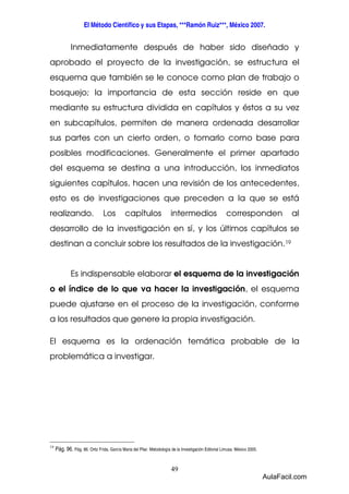 El Método Científico y sus Etapas, ***Ramón Ruiz***, México 2007. 
Inmediatamente después de haber sido diseñado y 
aprobado el proyecto de la investigación, se estructura el 
esquema que también se le conoce como plan de trabajo o 
bosquejo; la importancia de esta sección reside en que 
mediante su estructura dividida en capítulos y éstos a su vez 
en subcapítulos, permiten de manera ordenada desarrollar 
sus partes con un cierto orden, o tomarlo como base para 
posibles modificaciones. Generalmente el primer apartado 
del esquema se destina a una introducción, los inmediatos 
siguientes capítulos, hacen una revisión de los antecedentes, 
esto es de investigaciones que preceden a la que se está 
realizando. Los capítulos intermedios corresponden al 
desarrollo de la investigación en sí, y los últimos capítulos se 
destinan a concluir sobre los resultados de la investigación.19 
Es indispensable elaborar el esquema de la investigación 
o el índice de lo que va hacer la investigación, el esquema 
puede ajustarse en el proceso de la investigación, conforme 
a los resultados que genere la propia investigación. 
El esquema es la ordenación temática probable de la 
problemática a investigar. 
19 Pág. 96. Pág. 86. Ortiz Frida, García Maria del Pilar. Metodología de la Investigación Editorial Limusa. México 2005. 
49 
AulaFacil.com 
 