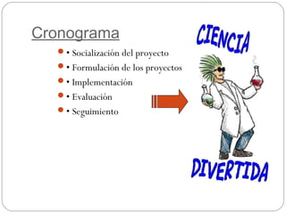Cronograma
• Socialización del proyecto
• Formulación de los proyectos
• Implementación
• Evaluación
• Seguimiento
 