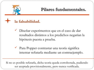 Pilares fundamentales.Pilares fundamentales.
la falsabilidad.
 Diseñar experimentos que en el caso de dar
resultados distintos a los predichos negarían la
hipótesis puesta a prueba.
 Para Popper contrastar una teoría significa
intentar refutarla mediante un contraejemplo.
Si no es posible refutarla, dicha teoría queda corroborada, pudiendo
ser aceptada provisionalmente, pero nunca verificada.
 
