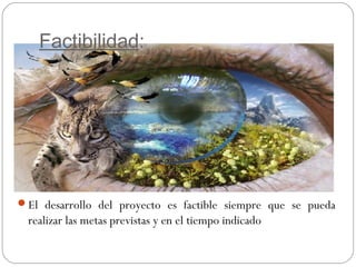 Factibilidad:
El desarrollo del proyecto es factible siempre que se pueda
realizar las metas previstas y en el tiempo indicado
 
