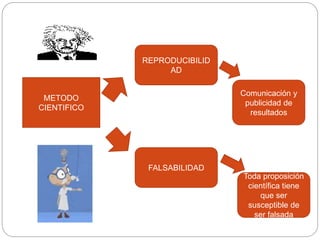 METODO
CIENTIFICO
REPRODUCIBILID
AD
FALSABILIDAD
Comunicación y
publicidad de
resultados
Toda proposición
científica tiene
que ser
susceptible de
ser falsada
 