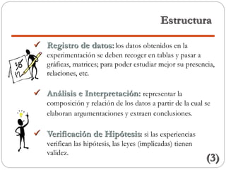 Estructura
 Registro de datos: los datos obtenidos en la
experimentación se deben recoger en tablas y pasar a
gráficas, matrices; para poder estudiar mejor su presencia,
relaciones, etc.
 Análisis e Interpretación: representar la
composición y relación de los datos a partir de la cual se
elaboran argumentaciones y extraen conclusiones.
 Verificación de Hipótesis: si las experiencias
verifican las hipótesis, las leyes (implicadas) tienen
validez.
(3)
 