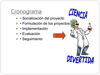 Cronograma
 • Socialización del proyecto
 • Formulación de los proyectos
 • Implementación
 • Evaluación
 • Seguimiento
 