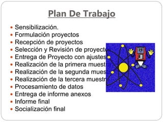 Plan De Trabajo
 Sensibilización.
 Formulación proyectos
 Recepción de proyectos
 Selección y Revisión de proyectos
 Entrega de Proyecto con ajustes
 Realización de la primera muestra
 Realización de la segunda muestra
 Realización de la tercera muestra
 Procesamiento de datos
 Entrega de informe anexos
 Informe final
 Socialización final
 