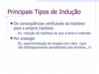 Principais Tipos de Indução
De conseqüências verificáveis da hipótese
para a própria hipótese.
- Ex. indução da hipótese de que a terra é redonda.
Por analogia
- Ex. experimentação de drogas com ratos (que
são fisiologicamente semelhantes aos homens...
 