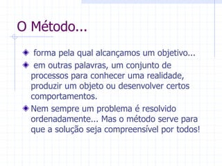 O Método...
forma pela qual alcançamos um objetivo...
em outras palavras, um conjunto de
processos para conhecer uma realidade,
produzir um objeto ou desenvolver certos
comportamentos.
Nem sempre um problema é resolvido
ordenadamente... Mas o método serve para
que a solução seja compreensível por todos!
 