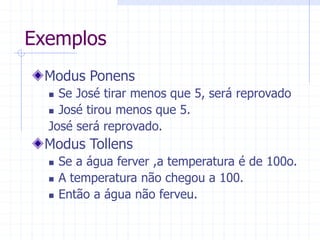 Exemplos
Modus Ponens
 Se José tirar menos que 5, será reprovado
 José tirou menos que 5.
José será reprovado.
Modus Tollens
 Se a água ferver ,a temperatura é de 100o.
 A temperatura não chegou a 100.
 Então a água não ferveu.
 