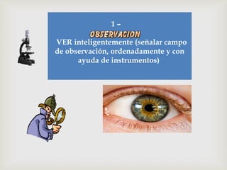 1 –    
  VER inteligentemente (señalar campo
de observación, ordenadamente y con
ayuda de instrumentos) 
 