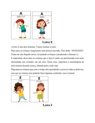 Letra E
A letra A tem dois fonemas. Vamos ensinar os dois.
Peça para as crianças imaginarem uma pessoa torcendo. Elas farão: “EEEEEEEE”
Todos na sala fingirão torcer, levantando os braços e produzirão o fonema /e/.
É importante dizer para as crianças que a letra E pode ser pronunciada com mais
intensidade, por exemplo: até, pé, zero. Nesse caso, sugerimos a onomatopeia de
uma menina fazendo eeeeca, olhando para a mão suja.
Diga para as crianças que com o tempo elas aprenderão a escrever todas as palavras,
mas que no começo elas poderão fazer algumas confusões, isso é normal.
Letra I
 