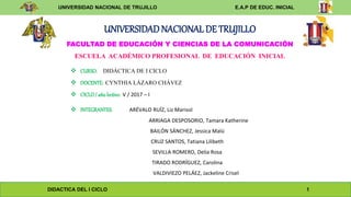 UNIVERSIDAD NACIONAL DE TRUJILLO E.A.P DE EDUC. INICIAL
DIDACTICA DEL I CICLO 1
UNIVERSIDADNACIONALDE TRUJILLO
FACULTAD DE EDUCACIÓN Y CIENCIAS DE LA COMUNICACIÓN
ESCUELA ACADÉMICO PROFESIONAL DE EDUCACIÓN INICIAL
 CURSO: DIDÁCTICA DE I CICLO
 DOCENTE: CYNTHIA LÁZARO CHÁVEZ
 CICLO/ año lectivo: V / 2017 – I
 INTEGRANTES: ARÉVALO RUÍZ, Liz Marisol
ARRIAGA DESPOSORIO, Tamara Katherine
BAILÓN SÁNCHEZ, Jessica Malú
CRUZ SANTOS, Tatiana Lilibeth
SEVILLA ROMERO, Delia Rosa
TIRADO RODRÍGUEZ, Carolina
VALDIVIEZO PELÁEZ, Jackeline Crisel
 