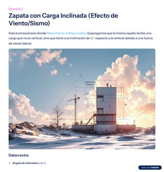 Ejemplo 2
Zapata con Carga Inclinada (Efecto de
Viento/Sismo)
Este es el escenario donde Meyerhof es indispensable. Supongamos que la misma zapata recibe una
carga que no es vertical, sino que tiene una inclinación de respecto a la vertical debido a una fuerza
de viento lateral.
15∘
Datos extra
Ángulo de inclinación ( ): .
α 15∘
 