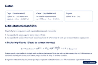 Datos
Capa 1 (Arena densa)
Espesor debajo de la
zapata. .
H = 1.0 m
ϕ ​ =
1 40 , γ ​ =
∘
1 18.5 kN/m
3
Capa 2 (Arcilla blanda)
Se extiende indefinidamente.
.
c ​ =
2 30 kPa, ϕ ​ =
2 0 , γ ​ =
∘
2 16 kN/m3
Zapata
Corrida de .
B = 2.0 m
Dificultad en el análisis
Meyerhof y Hanna propusieron que la capacidad de carga es la menor entre:
La capacidad de la capa superior (como si fuera infinita).
1.
La capacidad de la capa inferior más la resistencia al corte de la "pirámide" de suelo que se desprende de la capa superior.
2.
Cálculo simplificado (Efecto de punzonamiento)
q ​
=
u q ​
+
u(inferior) γ ​
H (1 +
1
2
2D ​
/H)K ​ ​
−
f s
B
tan ϕ ​
1
γ ​
H ≤
1 q ​
u(superior)
En este caso, la capacidad se ve limitada por la arcilla blanda de abajo. Si calculas solo con la arena de arriba ( ), obtendrías una
capacidad enorme, pero la estructura fallaría porque la arcilla de abajo se "asienta" o colapsa.
40∘
El ingeniero debe verificar que la presión que llega al tope de la arcilla (difundida a 2:1 o 60°) no exceda la capacidad de la arcilla.
 