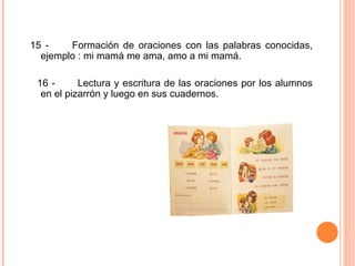 15 - Formación de oraciones con las palabras conocidas,
ejemplo : mi mamá me ama, amo a mi mamá.
16 - Lectura y escritura de las oraciones por los alumnos
en el pizarrón y luego en sus cuadernos.
 