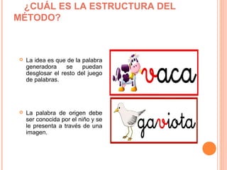 ¿CUÁL ES LA ESTRUCTURA DEL
MÉTODO?
 La idea es que de la palabra
generadora se puedan
desglosar el resto del juego
de palabras.
 La palabra de origen debe
ser conocida por el niño y se
le presenta a través de una
imagen.
 