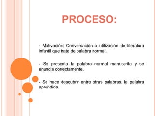 PROCESO:
 
- Motivación: Conversación o utilización de literatura
infantil que trate de palabra normal.
- Se presenta la palabra normal manuscrita y se
enuncia correctamente.
- Se hace descubrir entre otras palabras, la palabra
aprendida.
 