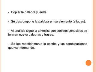 -  Copiar la palabra y leerla.
-  Se descompone la palabra en su elemento (sílabas).
-  Al análisis sigue la síntesis: con sonidos conocidos se 
forman nueva palabras y frases.
-  Se lee repetidamente lo escrito y las combinaciones 
que van formando.
 