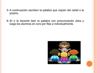 5- A continuación escriben la palabra que copian del cartel o la 
pizarra.
6- El  o  la  docente  leen  la  palabra  con  pronunciación  clara  y 
luego los alumnos en coro por filas e individualmente.
 