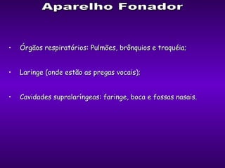 Aparelho Fonador Órgãos respiratórios:  Pulmões, brônquios e traquéia; Laringe (onde estão as pregas vocais); Cavidades supralaríngeas: faringe, boca e fossas nasais. 