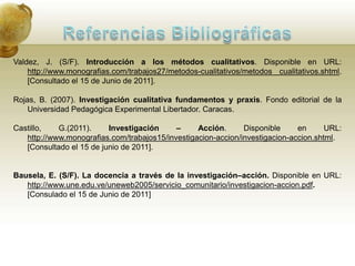 Metodo Investigación AcciónMomentos de la Investigación - Acción   En el proceso de la investigación acción se dan cuatro momentos:Reflexión inicial acerca de la situación a la luz de la preocupación temática;Planificación conjunta de actividades y estrategias para mejorar la situación;Puesta en práctica del plan y observación del proceso de implantación en términos d alcances y limitaciones;Reflexión en torno al proceso y los resultados con miras a reconsiderar la preocupación temática, las oportunidades y restricciones, los logros e implicaciones futuras e introducir los cambios que se consideren pertinentes para volver a comenzar el ciclo. 